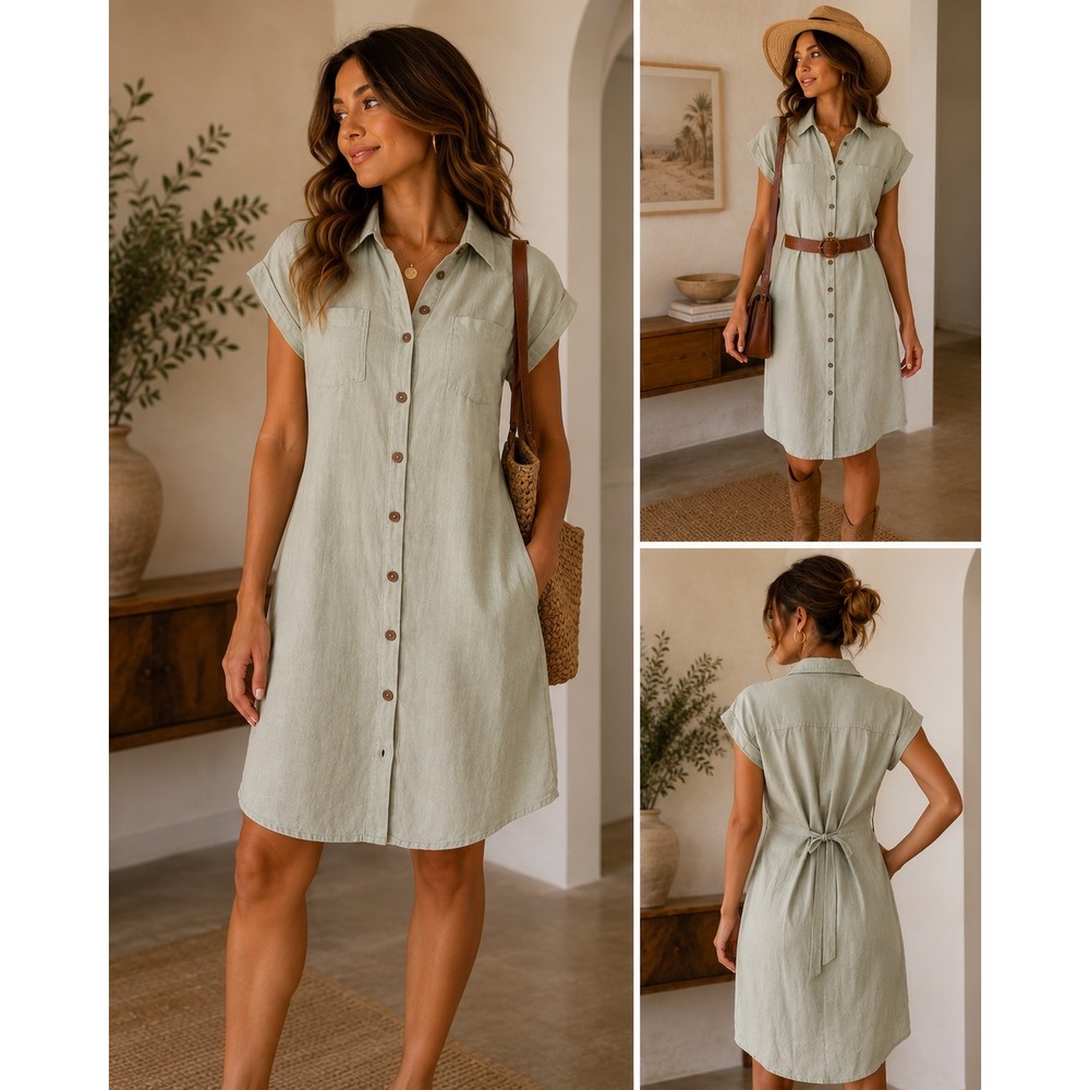 Linen Blend Shirt Dress Womens S Sage Green Tie Back Utility Midi Safari Euro